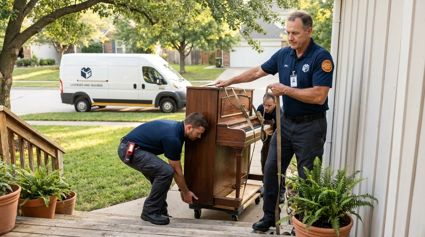 Licensed piano movers securing grand piano in Fayette, MO