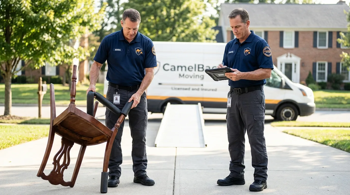 Movers inspecting furniture for damage prevention before loading in Fayette, MO
